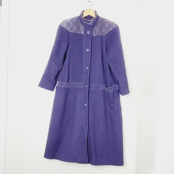 Vintage Pure Virgin Wool Coquette Purple Button Coat Pockets Retro Long Jacket - Picture 1 of 15